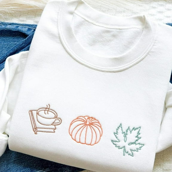 Embroidered Book Leaves And Coffee Crewneck