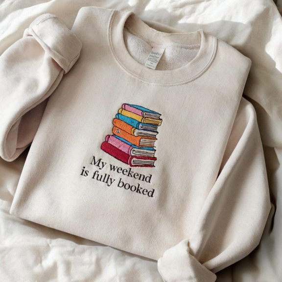 Embroidered Book Stack Sweatshirt: Book Lover Gift