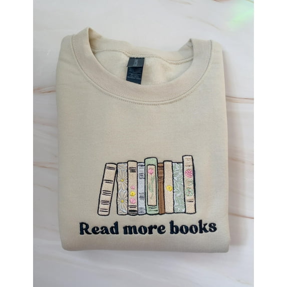 Embroidered Book Sweatshirt: Cottagecore Floral Bookshelf Design