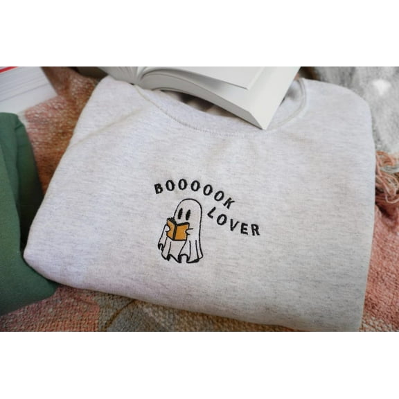 Embroidered Boooks Ghosts Reading Crewneck