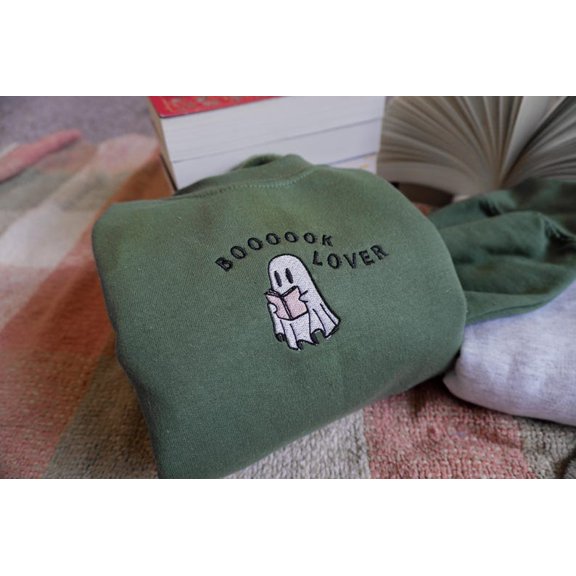 Embroidered Boooks Ghosts Reading Crewneck