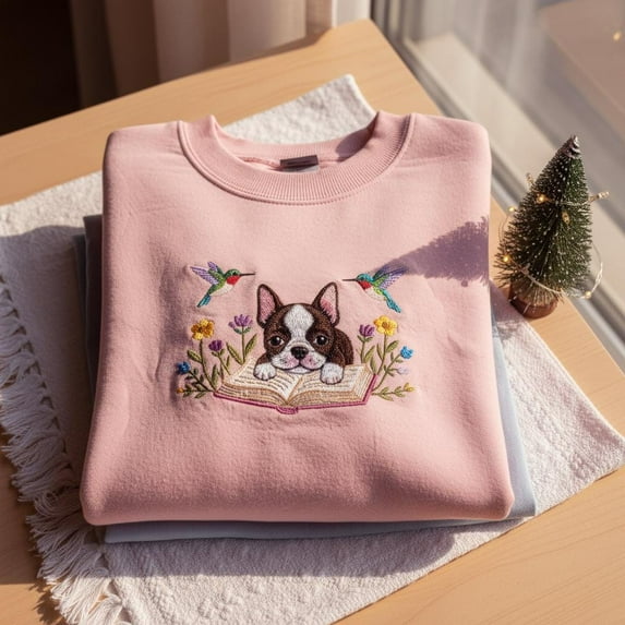 Embroidered Boston Terrier Christmas Sweatshirt, Dog Reading Book Crewneck, Bookish Dog Sweater, Xmas Book Shirt, Dog Mom Gift, Booworm Tee