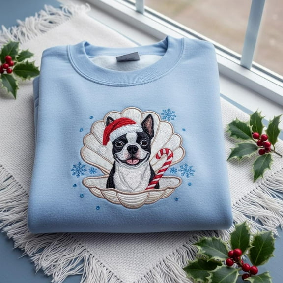 Embroidered Boston Terrier Christmas Sweatshirt, Seashell Dog Holiday Sweater, Pet Lover Gift, Santa Dog Crewneck, Festive Winter Hoodie