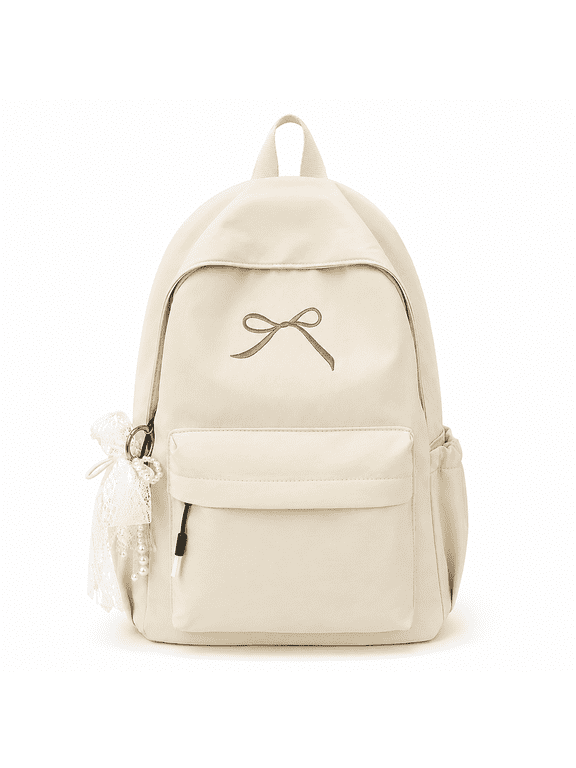 Embroidered Bow Japanese Styles Backpacks, Cute Lightweight Nylon Bag with Pearl Lace Charm, Large Capacity Casual Daypack Travel Rucksack for Women