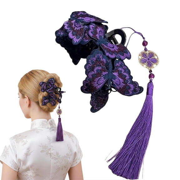 Embroidered Butterfly Hair Claw Clip with Tassel, Chinese Style Elegant Hair Accessory for Women, Large Hair Claw for Party & Daily Wear, Unique Gift(RL Purple 1 PC)