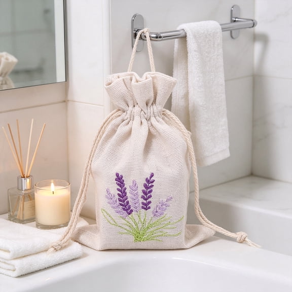 Embroidered Canvas Drawstring Bag, Lavender Sachet Linen Pouch Jewelry Gift Packaging Favor Bag for Wedding Party Decorations and Small Item Storage, 5.5in
