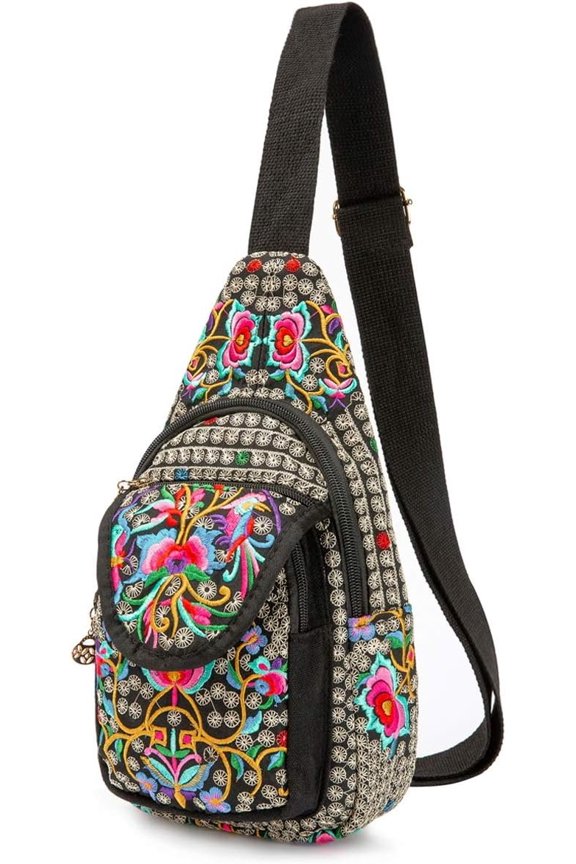 Embroidered Canvas Sling Backpack for Women Travel Chest Bag Crossbody Backpack Purse  Bag Medium