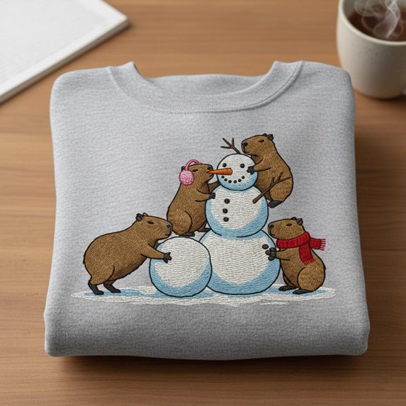 Embroidered Capybara Snowman Sweatshirt, Capybara Winter Gift, Cute Capy Christmas Sweater, Funny Animal Embroidery Crewneck