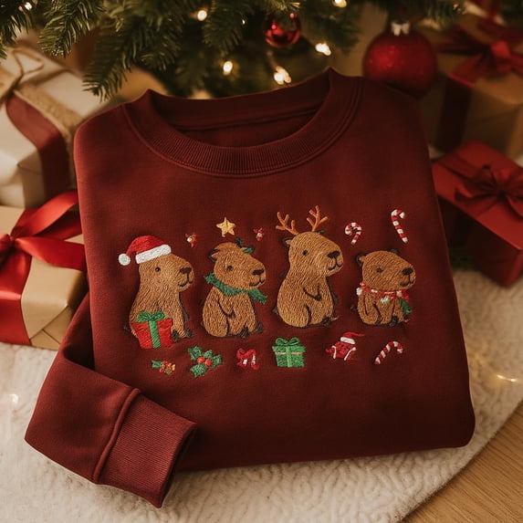 Embroidered Capybara Sweatshirt, Christmas Capybara Animal Embroidered Crewneck, Animal Sweater, Christmas Sweatshirt, Gift For Girlfriend