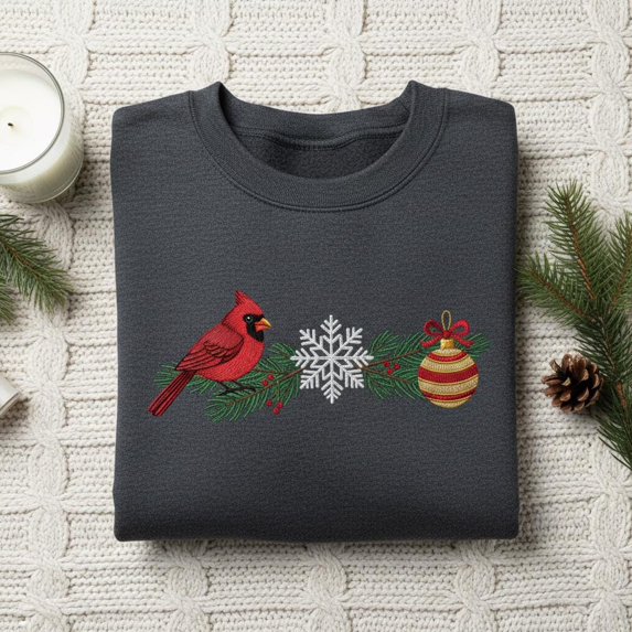Embroidered Cardinal Sweatshirt, Snowflake Ornament Holiday Design, Winter Bird Crewneck, Festive Christmas Apparel, Bird Lover Gift