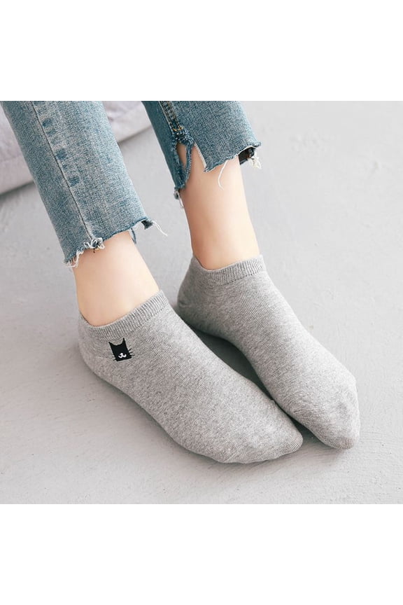 Embroidered Cat Ankle Socks, Cute Feline Design Low Cut Socks for Women, Perfect for Cat Lovers & Daily Wear Gray 1 pair