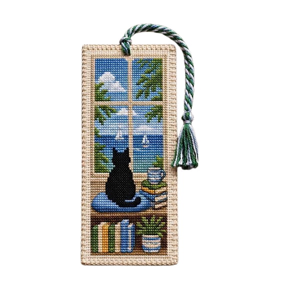 Embroidered Cat Bookmark with Tassel, Handmade Seasonal Window Scene Page Marker, Cozy Reading Accessory for Book Lovers Cat Enthusiasts Gift