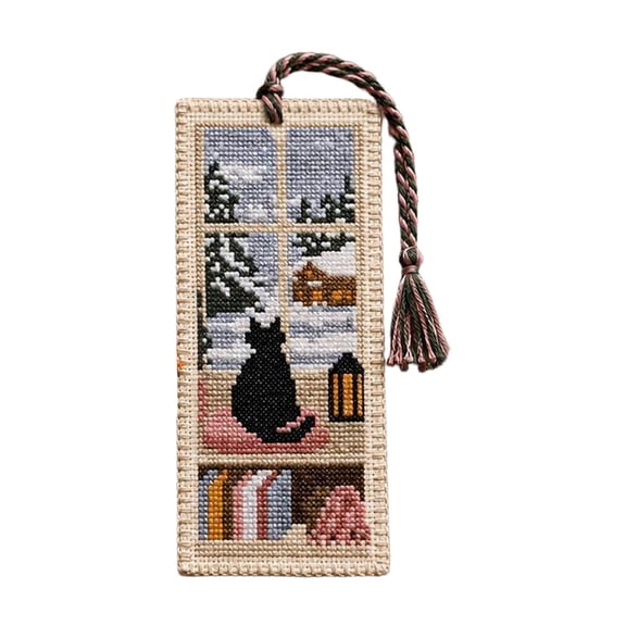 Embroidered Cat Bookmark with Tassel, Handmade Seasonal Window Scene Page Marker, Cozy Reading Accessory for Book Lovers Cat Enthusiasts Gift