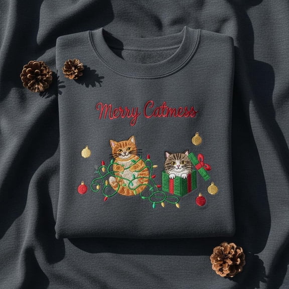 Embroidered Cat Christmas Sweatshirt, Funny Kitten Mess Jumper, Cat Tangled in Lights Sweater, Merry Catmess Gift