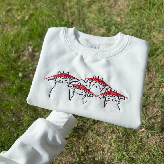 Embroidered Cat Sweatshirt, Mushroom Hats, Cottagecore Crewneck