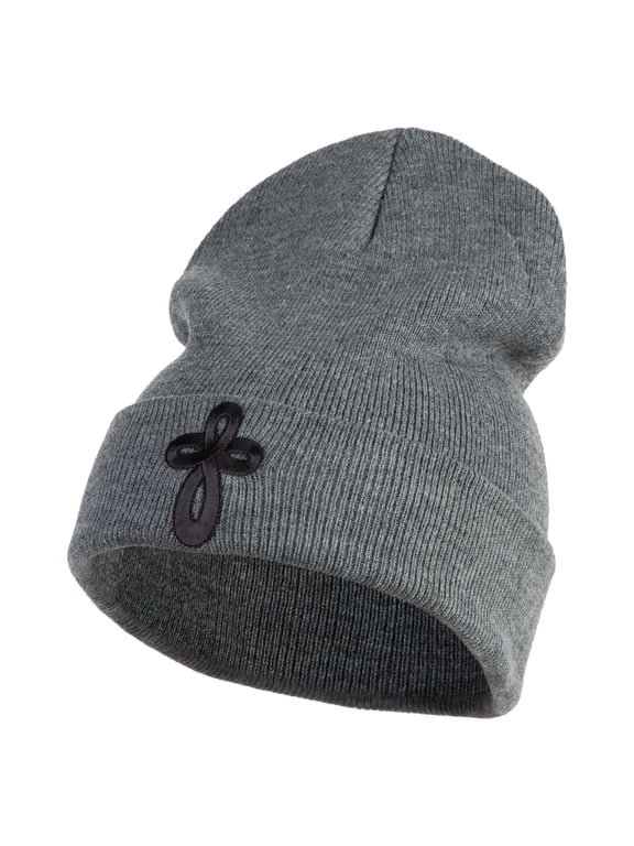 Embroidered Celtic Cross Iron on Patched 12 Inch Long Knitted Beanie - Birch OSFM