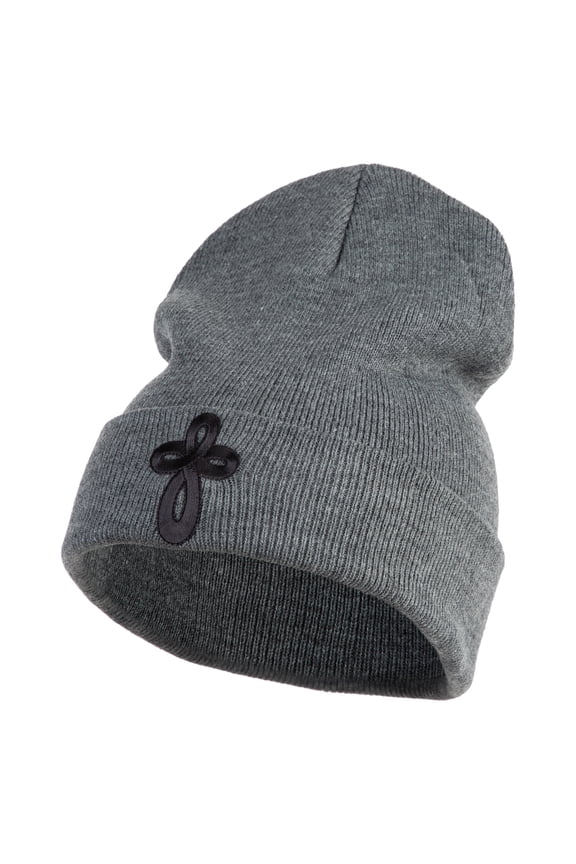 Embroidered Celtic Cross Iron on Patched 12 Inch Long Knitted Beanie - Birch OSFM