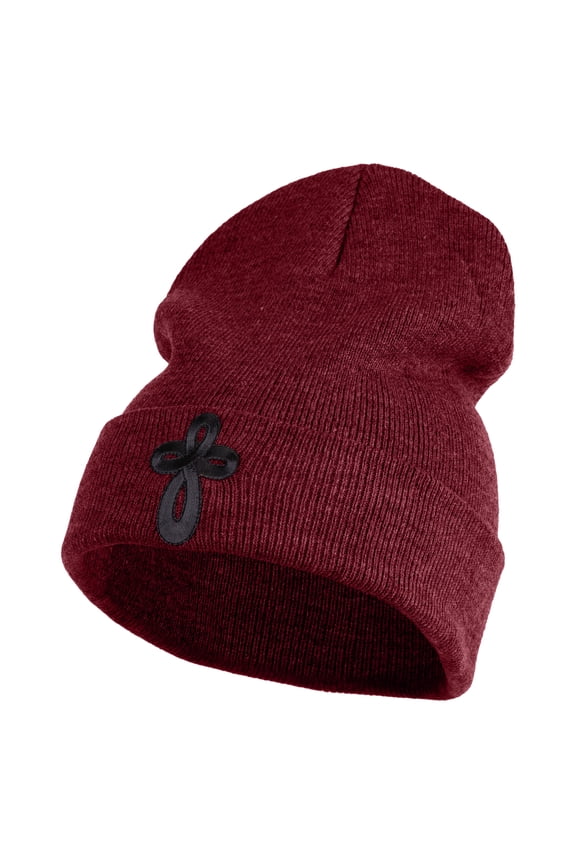 Embroidered Celtic Cross Iron on Patched 12 Inch Long Knitted Beanie - Maroon OSFM