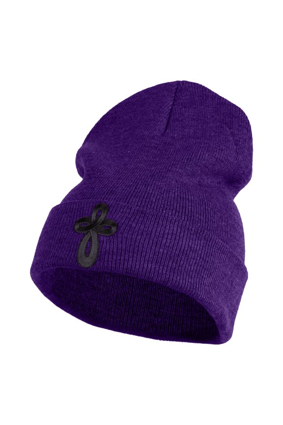 Embroidered Celtic Cross Iron on Patched 12 Inch Long Knitted Beanie - Purple OSFM