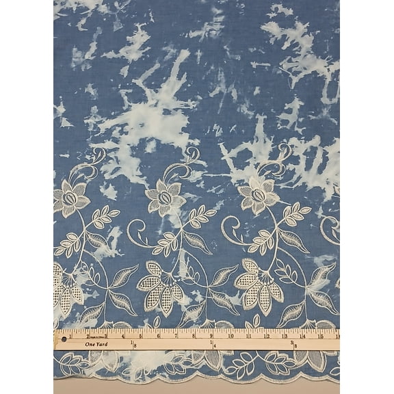 Embroidered Chambray with Scalloping on One Side Tye Dyed Bleached Look Floral Embroidery 58" Wide Lightweight Cotton Chambray Shirting Fabric by the Yard (5596F-6H)