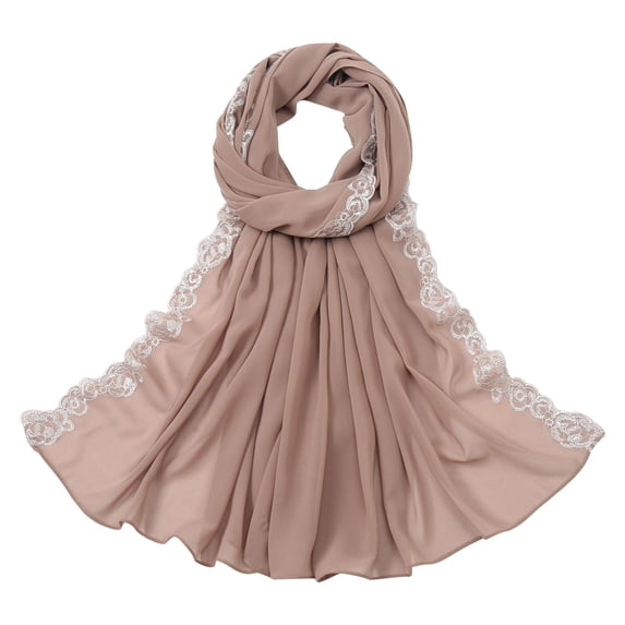 Embroidered Chiffon Hijab with Lace Trim, Elegant Sheer Head Wrap Scarf for Evening Dress, Special Occasions, and Modest Fashion, Lightweight and Decorative-Coffee