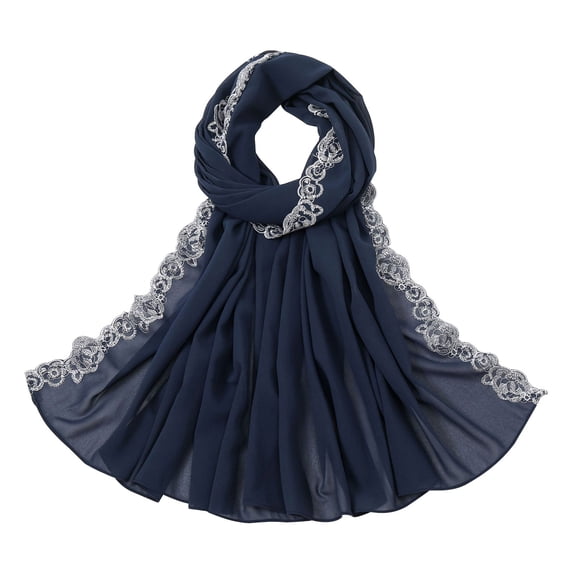 Embroidered Chiffon Hijab with Lace Trim, Elegant Sheer Head Wrap Scarf for Evening Dress, Special Occasions, and Modest Fashion, Lightweight and Decorative-Dark Blue