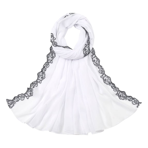 Embroidered Chiffon Hijab with Lace Trim, Elegant Sheer Head Wrap Scarf for Evening Dress, Special Occasions, and Modest Fashion, Lightweight and Decorative-White