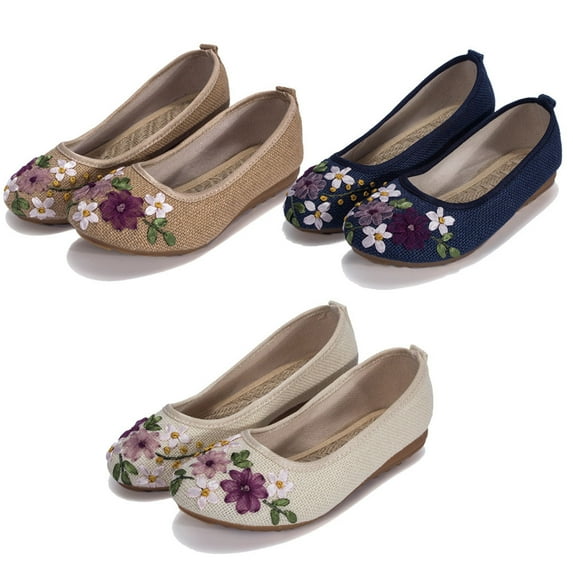 Embroidered Chinese Style Flats Ballet Embroidery Crafts Comfortable Slip on Women's Shoes, White