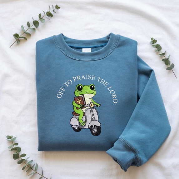 Embroidered Christian Sweatshirt, Unisex Garment-Dyed Shirt, Funny Frog Off To Praise The Lord, Bible Study Shirt, Jesus Church Faith Humor