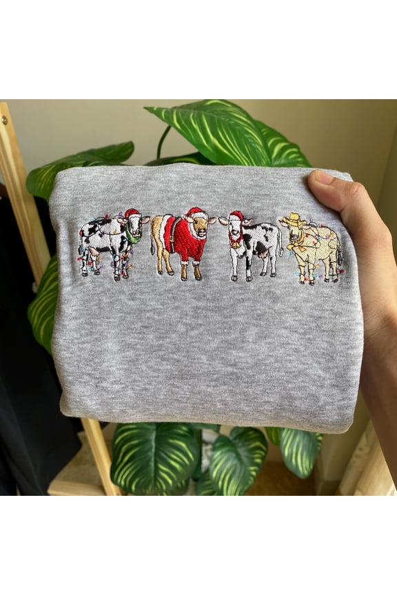 Embroidered Christmas Cow Sweatshirt, Funny Holiday Sweater, Farm Shirt
