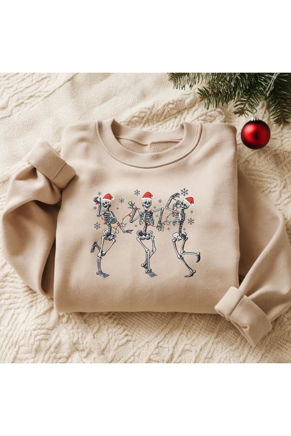 Embroidered Christmas Dancing Skeleton Sweatshirt Skeleton Christmas Shirt Crewneck Holiday Sweater New Year Shirt Christmas Lights Shirt