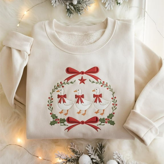 Embroidered Christmas Geese Sweatshirt, Christmas Funny Goose Holiday Sweatshirt, Cute Xmas Duck Shirt, Silly Goose Shirt, Xmas Gift For Her