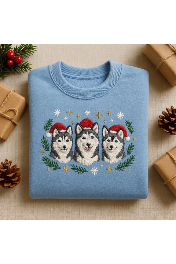 Embroidered Christmas Husky Sweatshirt, Santa Hat Dog Hoodie, Cute Pet Lover Xmas Crewneck, Siberian Husky Gift