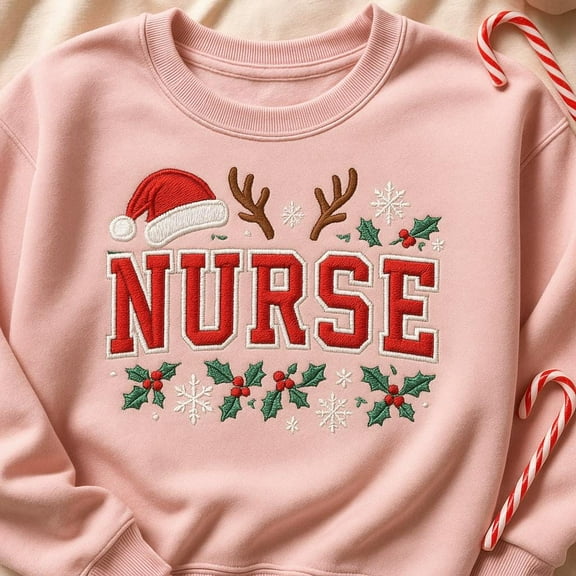 Embroidered Christmas Nurse Sweatshirt, Reindeer Antler Santa Hat RN Shirt, Holiday Nurse Gift, Festive Nursing Apparel