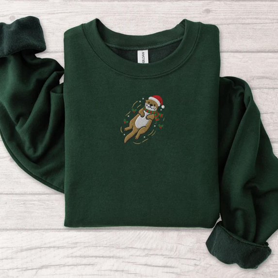 Embroidered Christmas Otter Sweatshirt, Cute Otter with Santa Hat & Scarf Shirt for Otter Lovers, Festive Xmas Hoodie