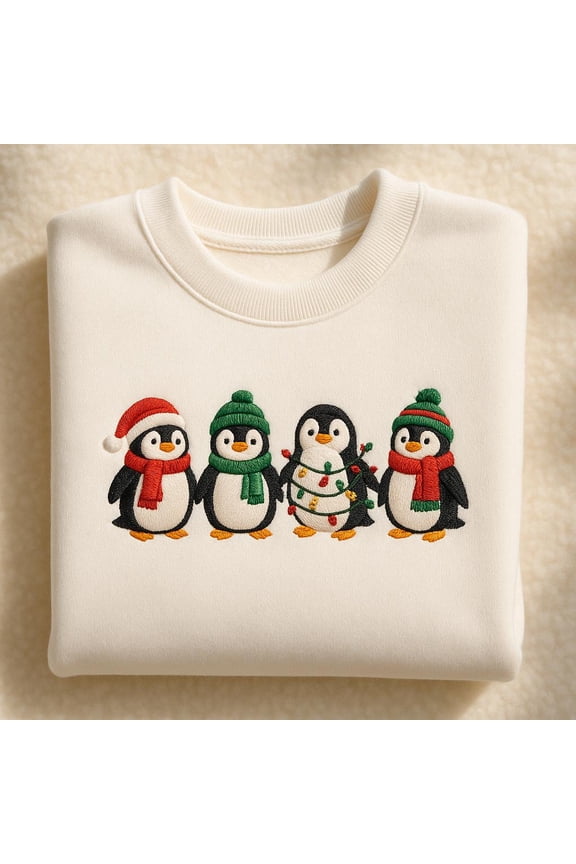 Embroidered Christmas Penguin Sweatshirt, Cute Penguin Holiday Shirt, Winter Penguin Crewneck, Xmas Light Penguin Embroidered Hoodie