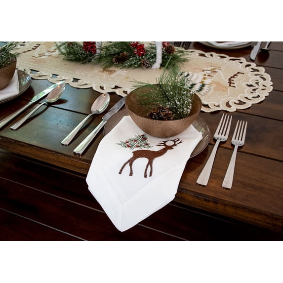Embroidered Christmas Reindeer Scene Napkins, Set of 4 (19" x 19")