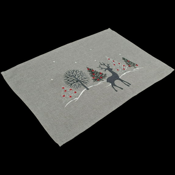 Embroidered Christmas Reindeer Scene on Light Grey Rectangle Placemat (12.5" x 17")