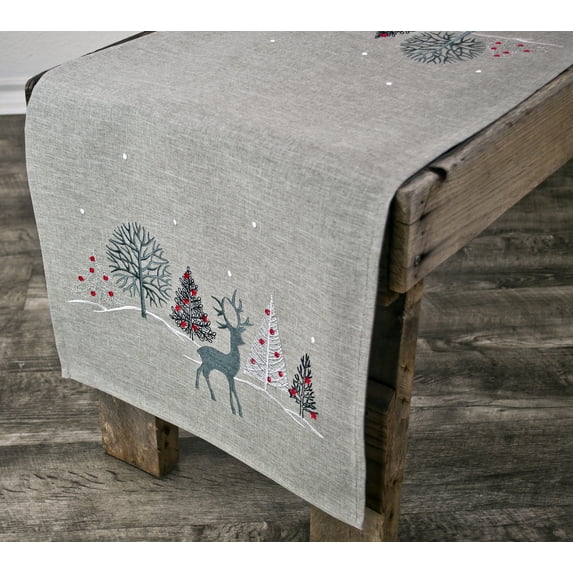 Embroidered Christmas Reindeer Scene on Light Grey Rectangle Table Runner, Dresser Scarf (16" x 33" / 67")