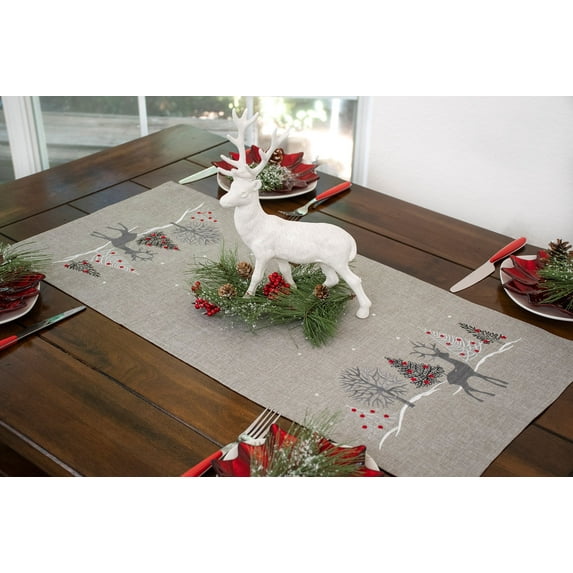 Embroidered Christmas Reindeer Scene on Light Grey Rectangle Table Runner (16" x 33" / 67")