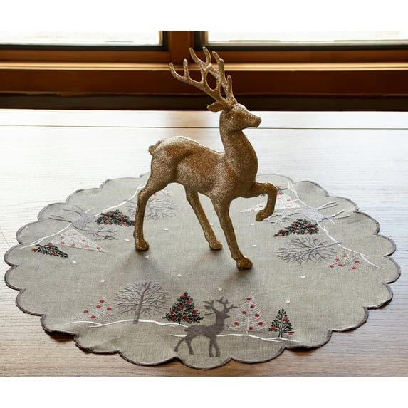 Embroidered Christmas Reindeer Scene on Light Grey Table Topper (23" RD/ 33" RD/ 33" SQ)