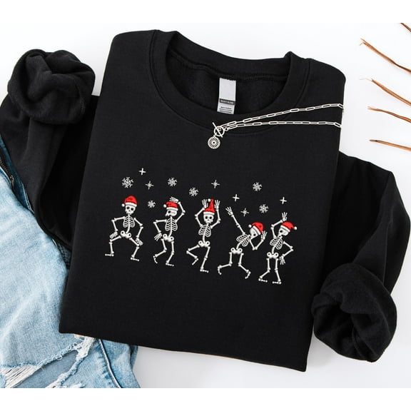 Embroidered Christmas Skeleton Crew Sweatshirt, Funny Dancing Skeletons Shirt, Christmas Crewneck Shirt Gift For Skeleton Lovers