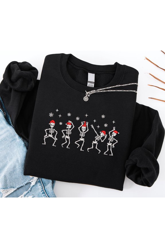 Embroidered Christmas Skeleton Crew Sweatshirt, Funny Dancing Skeletons Shirt, Christmas Crewneck Shirt Gift For Skeleton Lovers