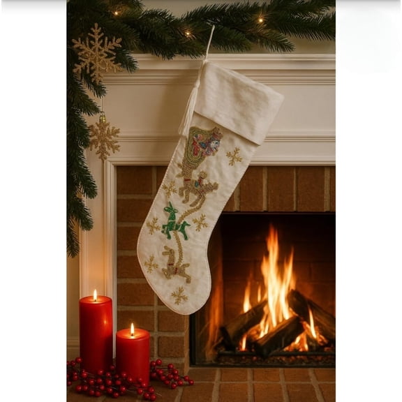 Embroidered Christmas Stocking Luxury Handmade Holiday Stocking with Reindeer Design, Decorative Hanging Xmas Sock for Fireplace Mantel, Gift & Home Dcor