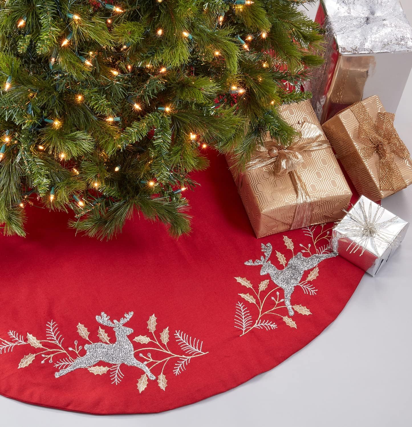 Embroidered Christmas Tree Skirt 72 Inch Round Red Festive Tree Skirt