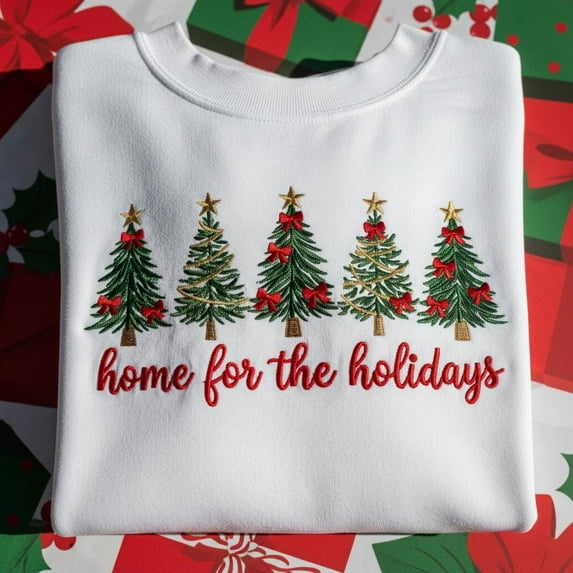 Embroidered Christmas Tree Sweatshirt, Home for the Holidays Crewneck, Festive Xmas Trees Sweater, Holiday Party Outfit Gift