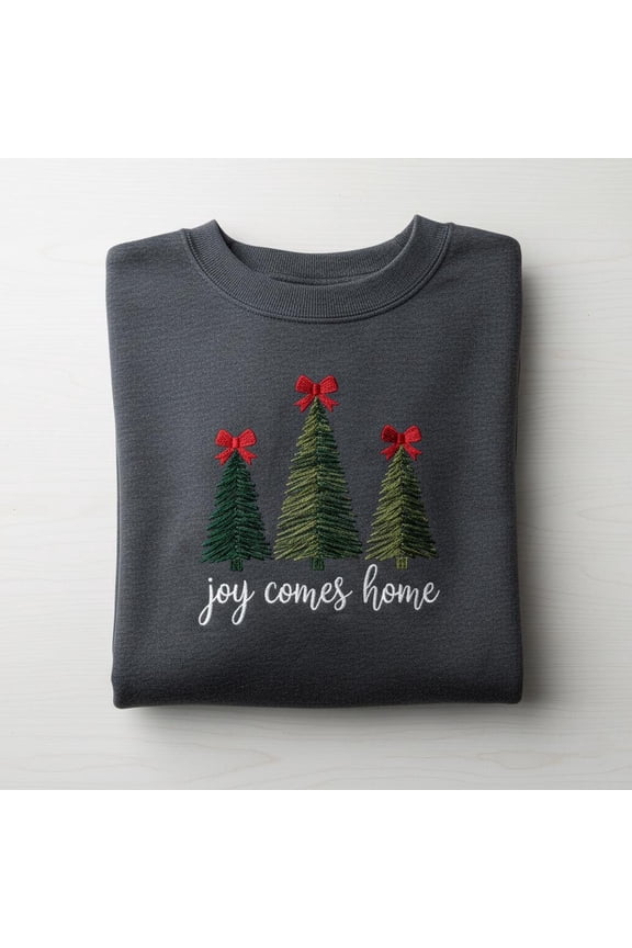Embroidered Christmas Tree Sweatshirt, Joy Comes Home Holiday Crewneck, Pine Tree Xmas Sweater, Thoughtful Winter Gift