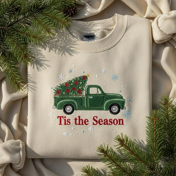 Embroidered Christmas Truck Sweatshirt, Vintage Green Truck Shirt, Tis the Season Hoodie, Xmas Tree Holiday Crewneck T-shirt