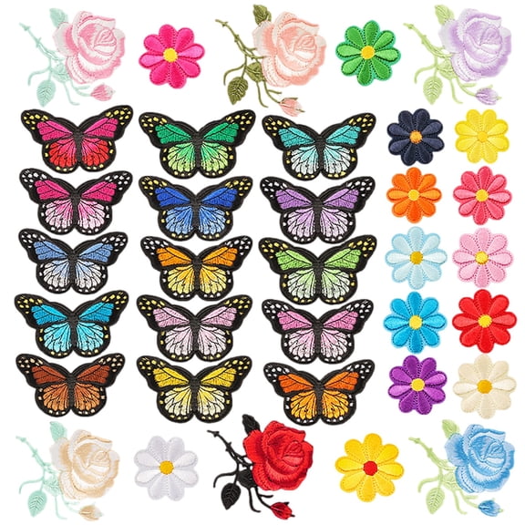 Embroidered Clothing Patch/ 35 PCS Butterfly Flowers On Colorful Sew On Appliques Embroidery Badge Logo Patch Applique Roses DIY Crafts