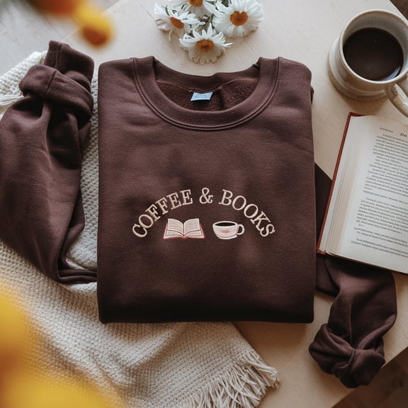 Embroidered Coffee & Books Lover Sweatshirt, Back To School Shirt, Books Club Shirt for Elementary Teachers, Unique Books Lover Gift
